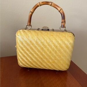 Vintage 1960s  Yellow Woven Clutch with Bamboo Handle